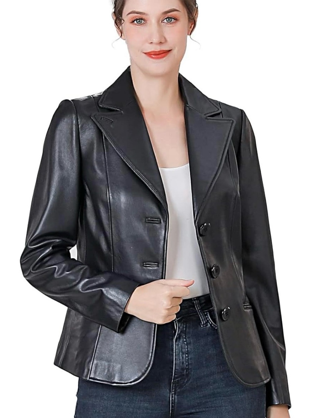 Classic Black Leather Blazer Jacket - Women